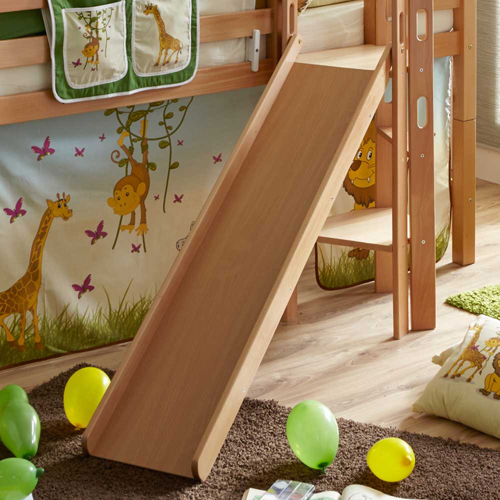 Halbhohes Kinder Einzelbett Cadama aus Buche Massivholz mit Rutsche und Vorhang