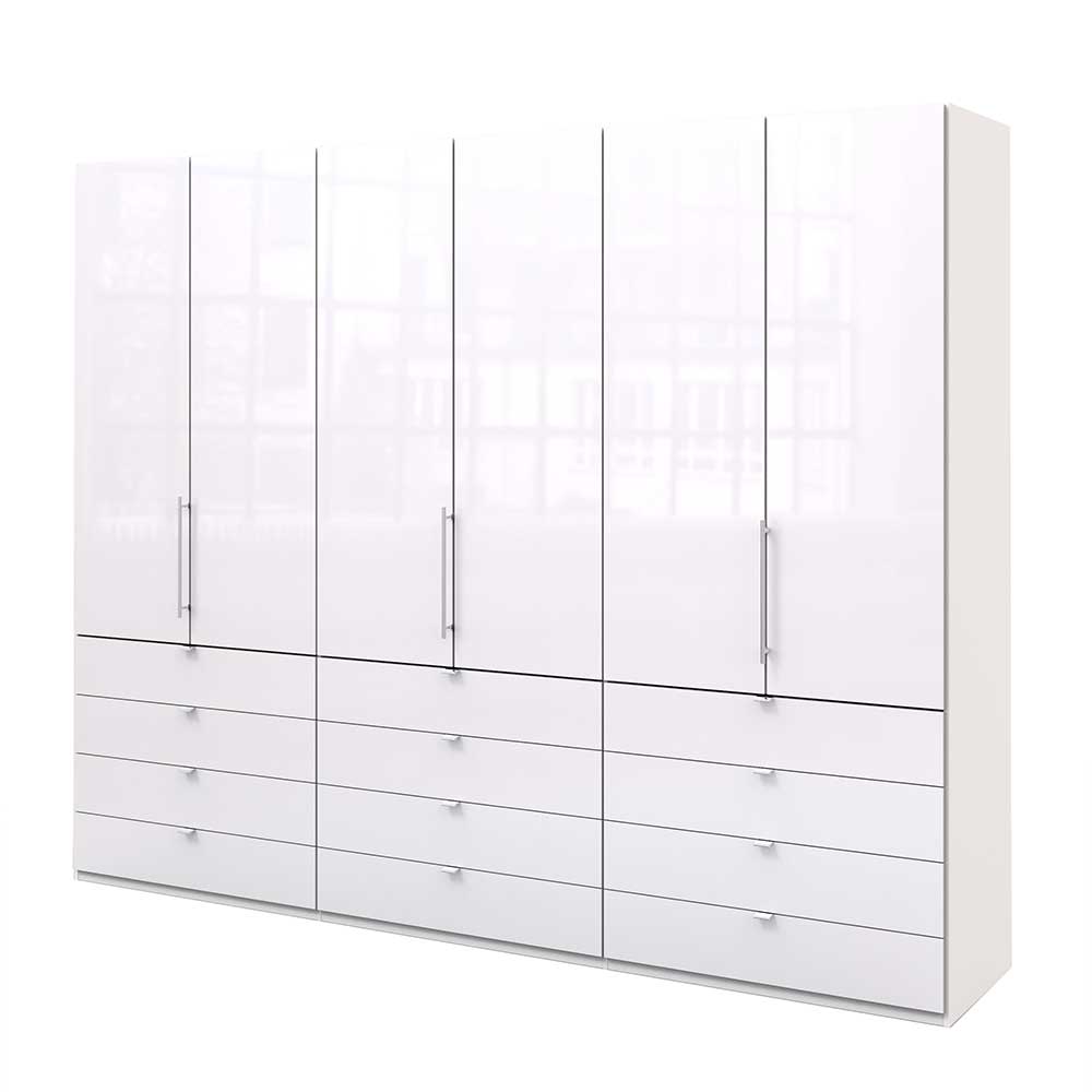 Riesiger Kleiderschrank Grinzia in Weiß mit drei Falttüren und zwölf Schubladen