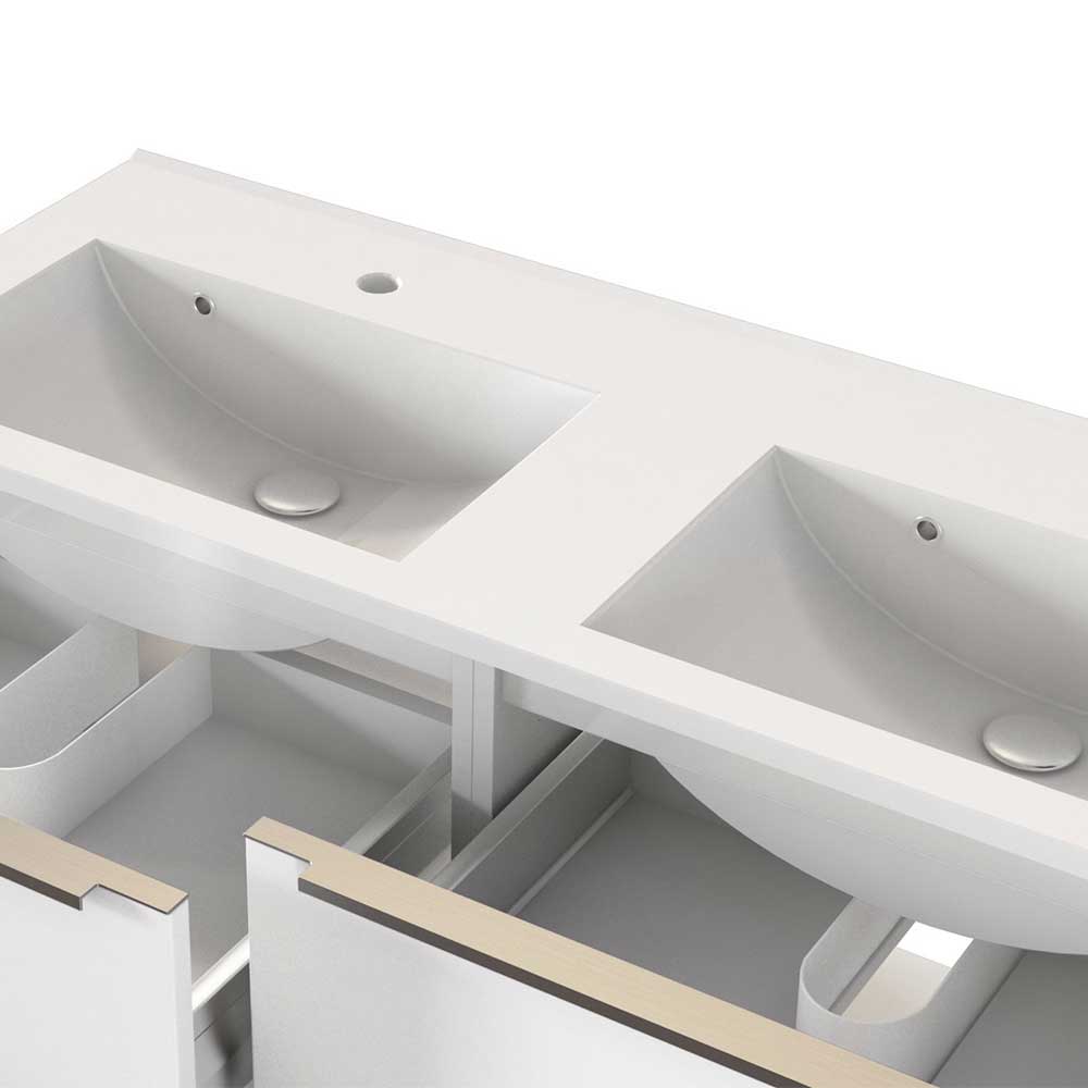 Weiße Design Bad Möbel Folcora mit Doppelwaschtisch und LED Beleuchtung (dreiteilig)
