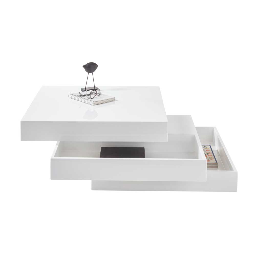 Designercouchtisch Maryland in Weiß Hochglanz mit schwenkbarer Tischplatte