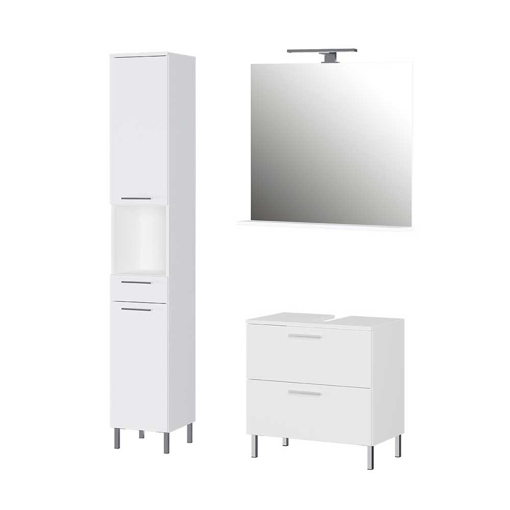 Badezimmermöbel Set Endrusca in Weiß mit beleuchtetem Spiegel (dreiteilig)