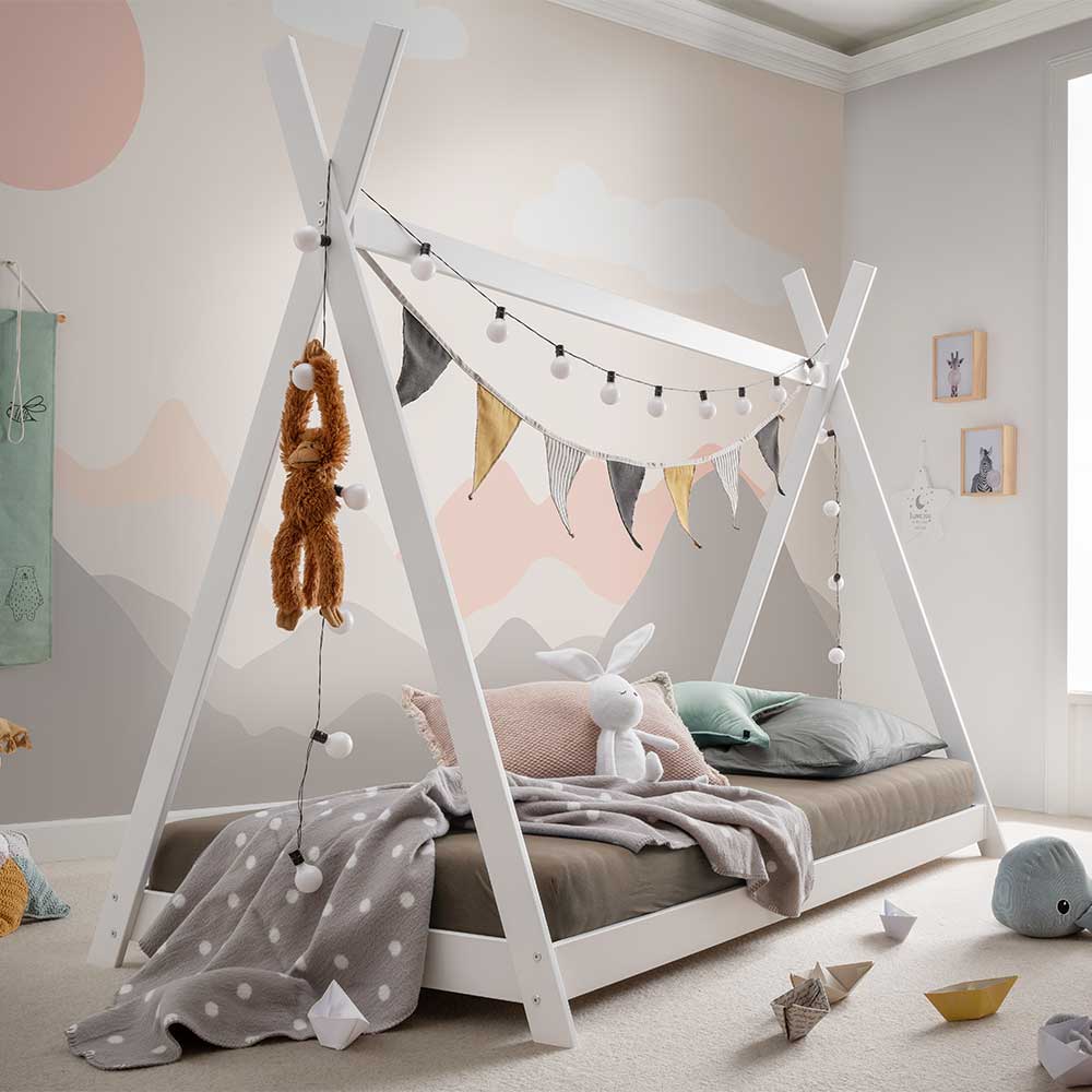 Tipibett Kinderzimmer Renalfo in Weiß - optionaler Stoffhimmel