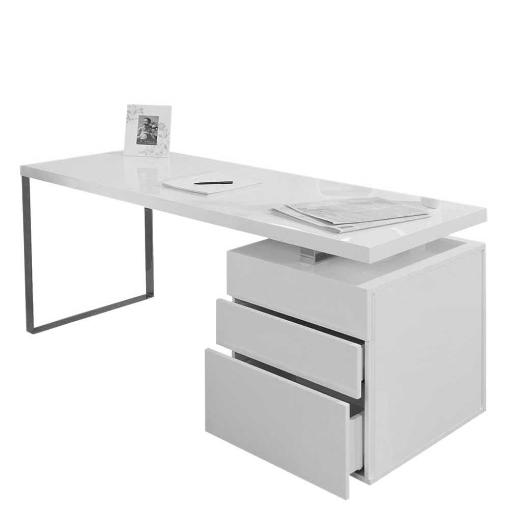 Hochglanz Schreibtisch Prakto in Weiß mit drei Schubladen