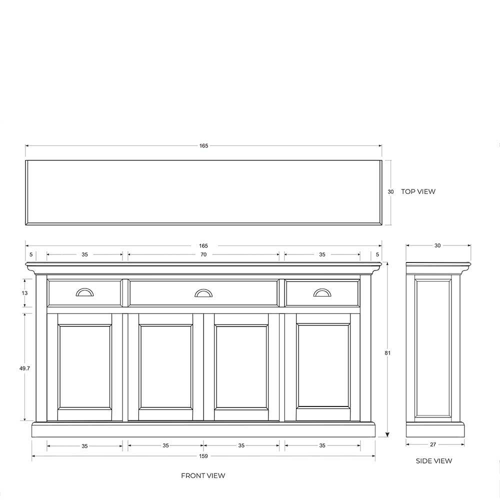 Weißes Landhaus Sideboard Montea 165 cm breit mit drei Schubladen