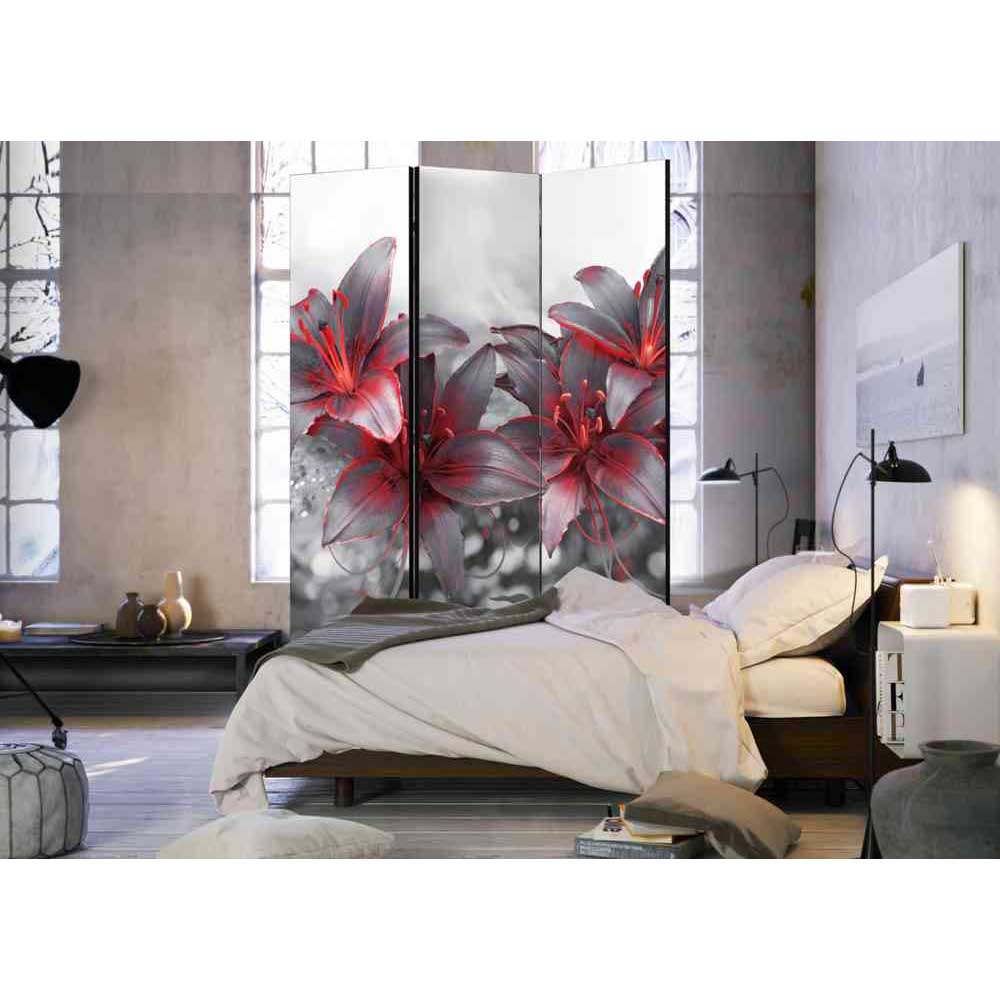 Leinwand Paravent Isydro mit Lilien Motiv in Rot und Grau