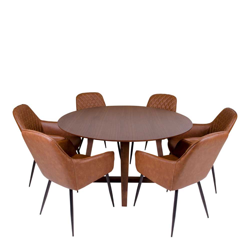 Sitzgruppe Sidaliva in Walnussfarben und Cognac Braun mit rundem Tisch (siebenteilig)