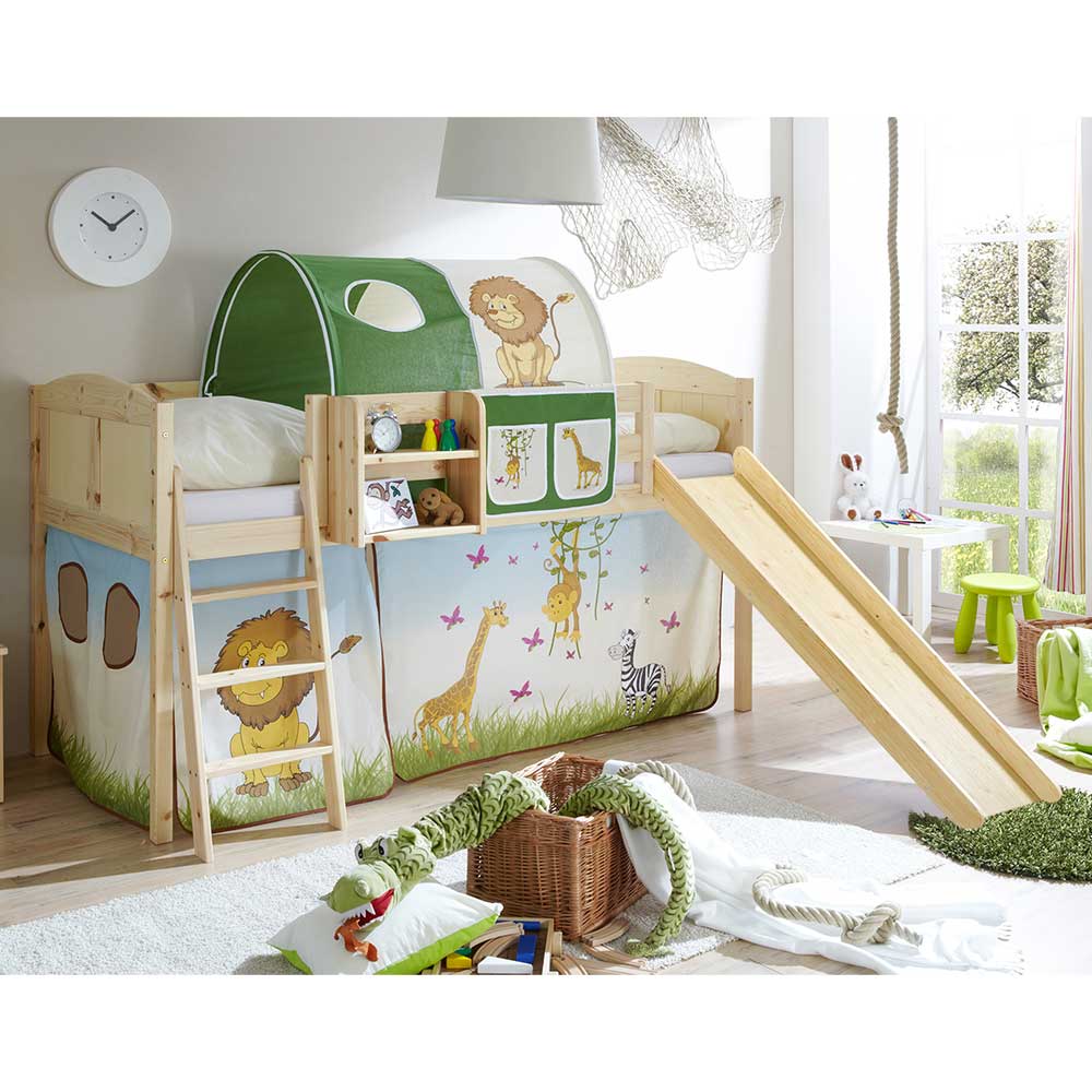 Kinderhochbett Andryas mit Rutsche und Vorhang