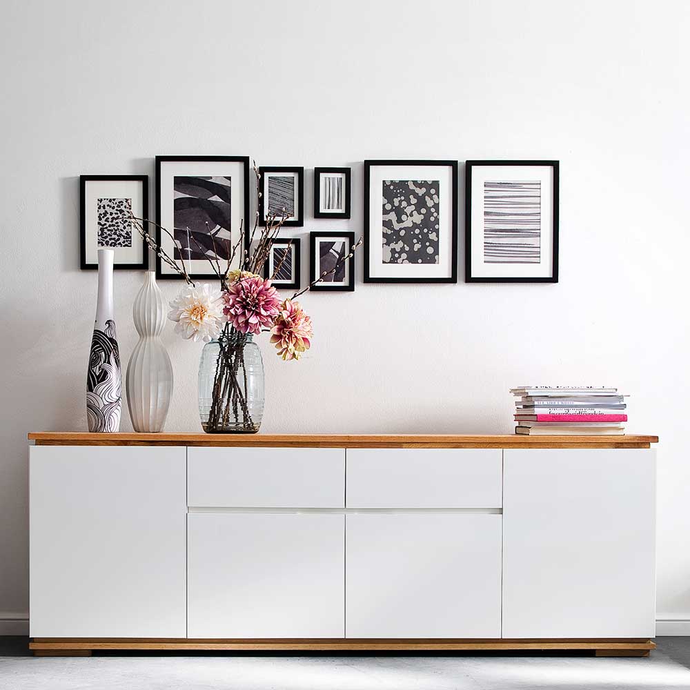 Sideboard Dentura in Weiß mit Asteiche Massivholz modern