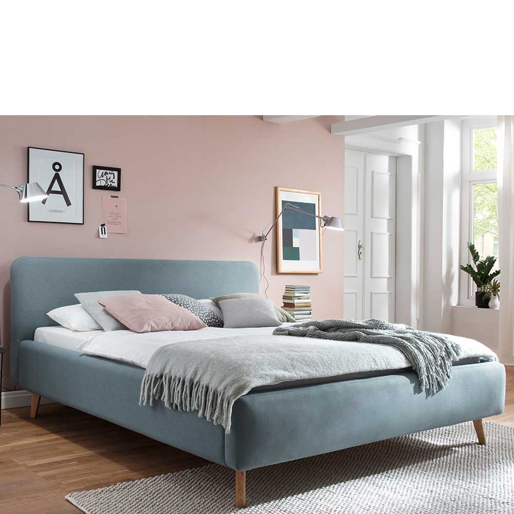 Gepolstertes Bett Abruzzias in Hellblau Webstoff mit 50 cm Einstiegshöhe