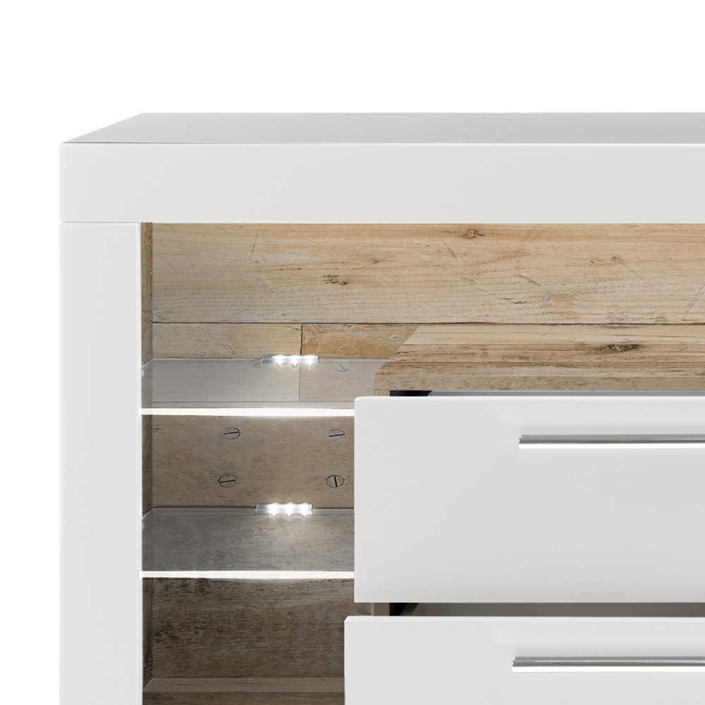 TV Lowboard Yenifa in Holz Antik Optik und Weiß mit vier Schubladen