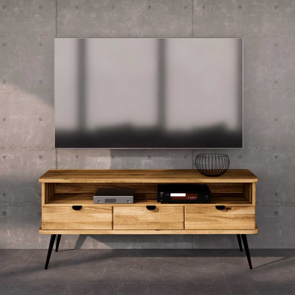 TV-Möbel Massivholz Clantica aus Wildeiche und Metall mit drei Schubladen