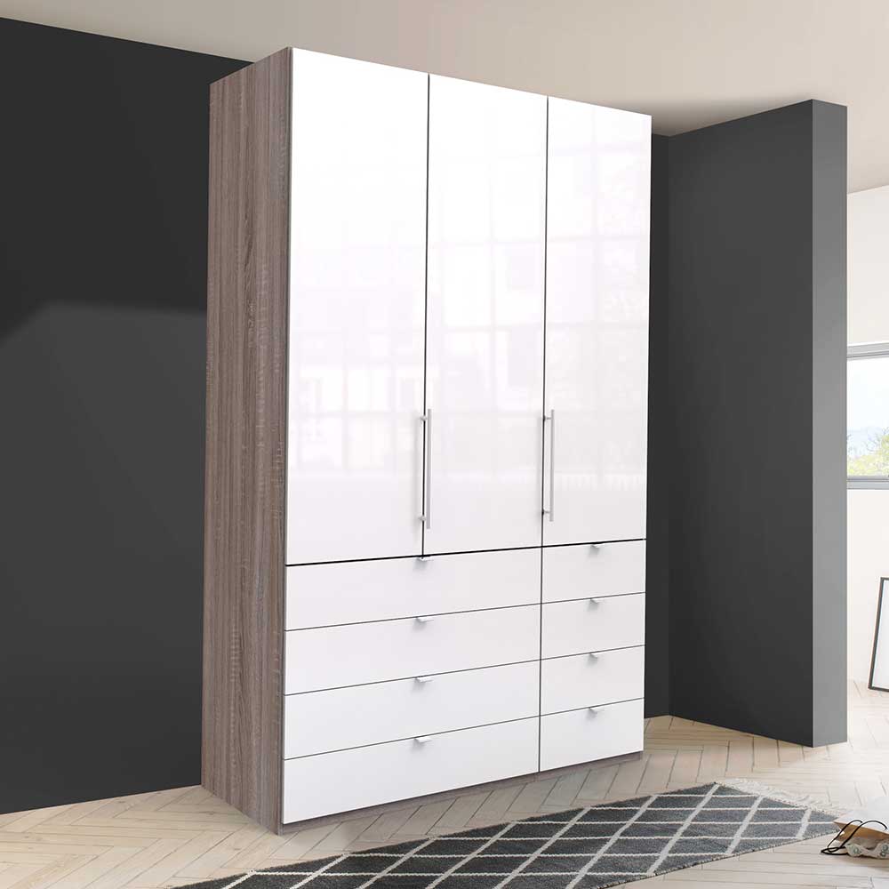 Kompakt Schlafzimmerschrank Yunidra in Weiß und Eiche Trüffelfarben