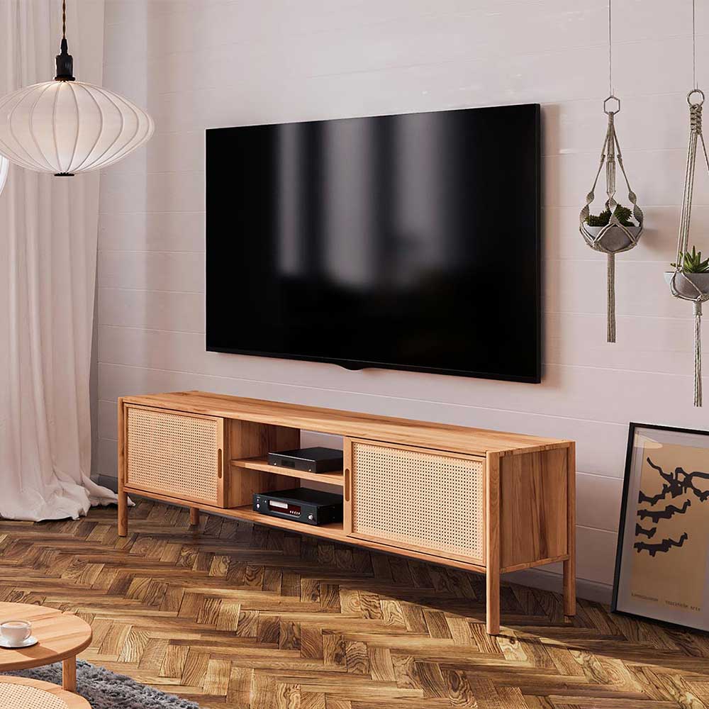 TV Möbel mit Rattan Türen Artjes aus Wildbuche Massivholz 204 cm breit