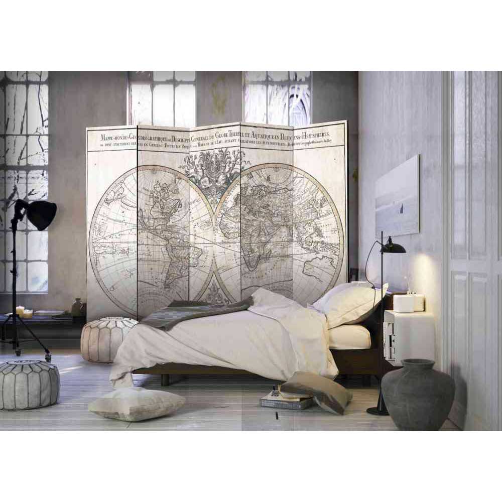 Spanische Wand Aoi mit antikem Weltkarten Motiv in Creme Weiß und Braun