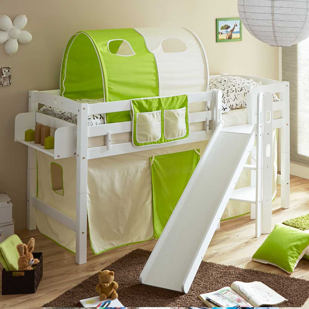 Halbhohes Kinderzimmer Bett Secionas in Weiß Kiefer massiv mit Rutsche und Vorhang