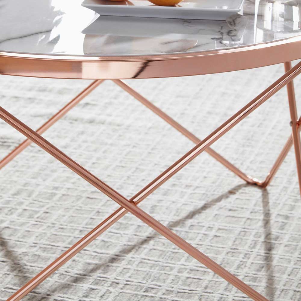 Runder Couchtisch Matsu in Kupferfarben mit Tischplatte in weißer Marmor Optik